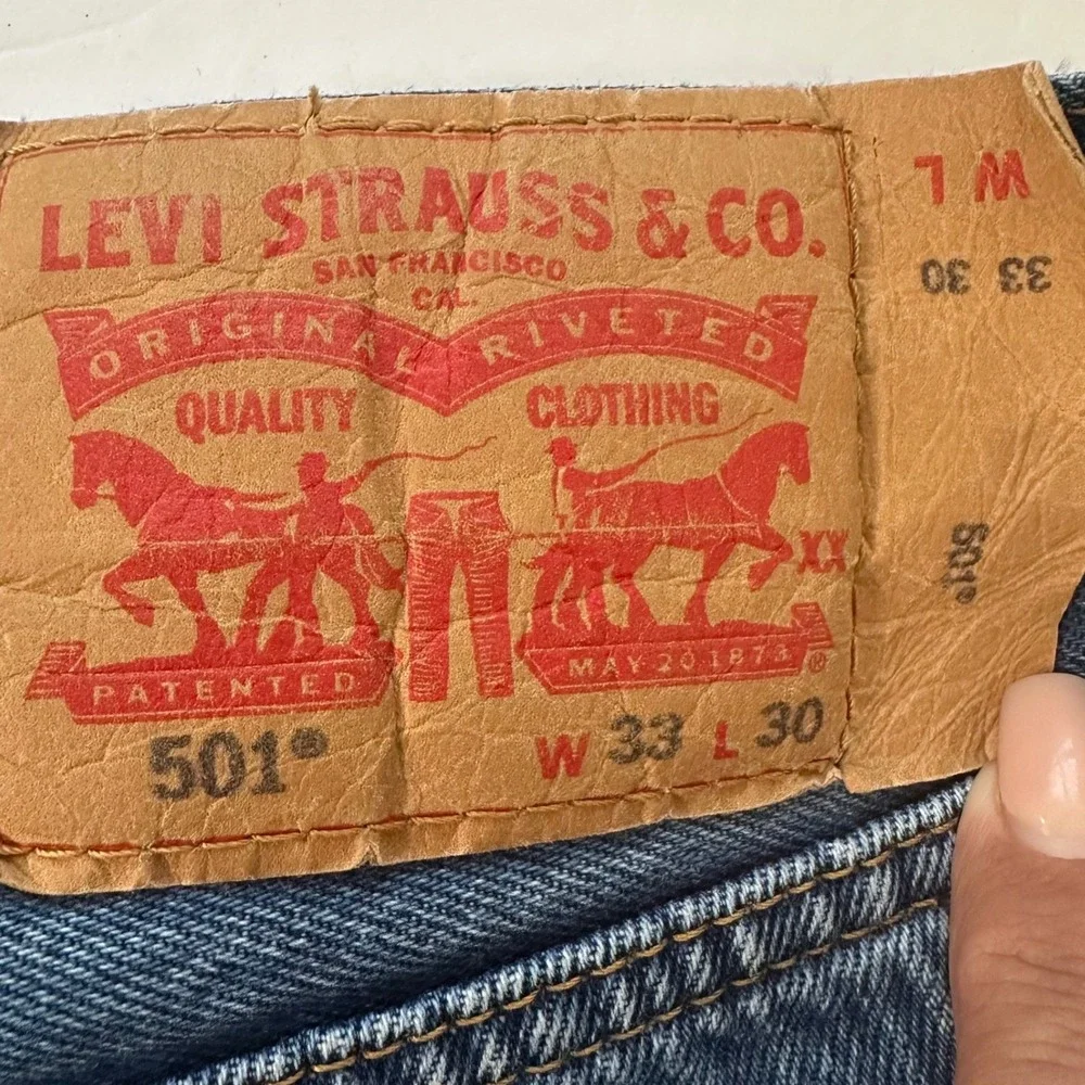 Levi's 501 Original Fit Mens 33x30 Blue Medium Wash Distressed Straight Jeans